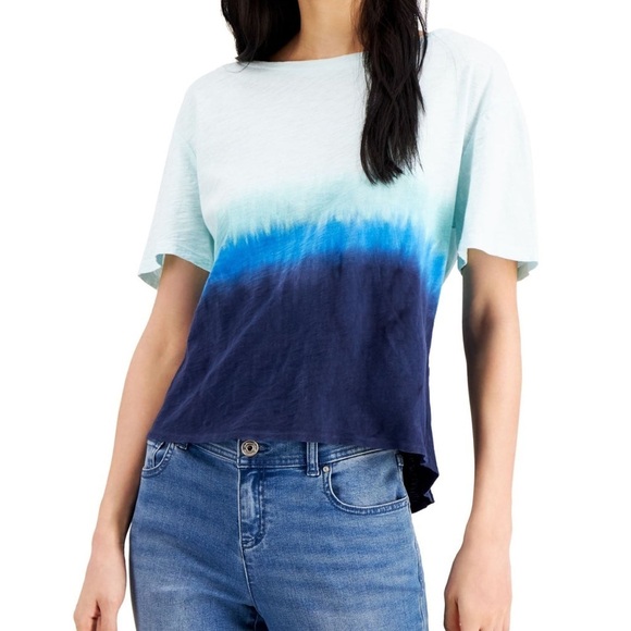 Womens Aqua Cotton Tie Dye Short Sleeve Crew Neck Top large - Picture 1 of 5